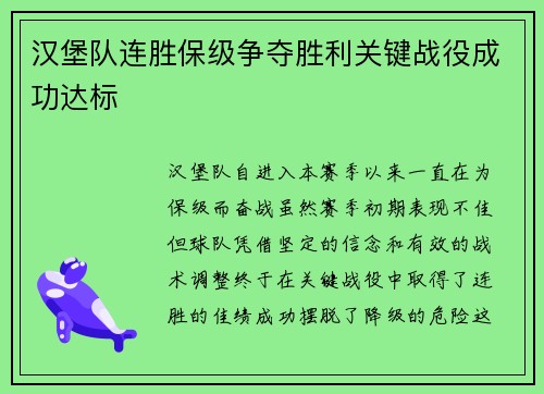 汉堡队连胜保级争夺胜利关键战役成功达标